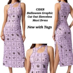 NWT Cider Halloween Graphic Cutout Sleeveless Maxi Dress Purple Side Slit Large